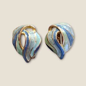 Vintage Blue & Green Enamel Wave Clip-On Earrings Gold-Tone Finish